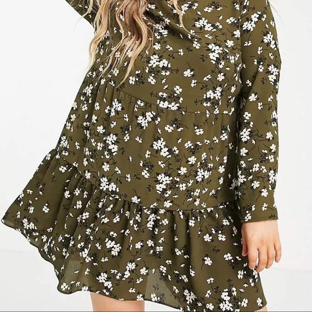 ASOS Womens Olive Green and White Floral Long Sleeve Midi Dress - Picture 2 of 9
